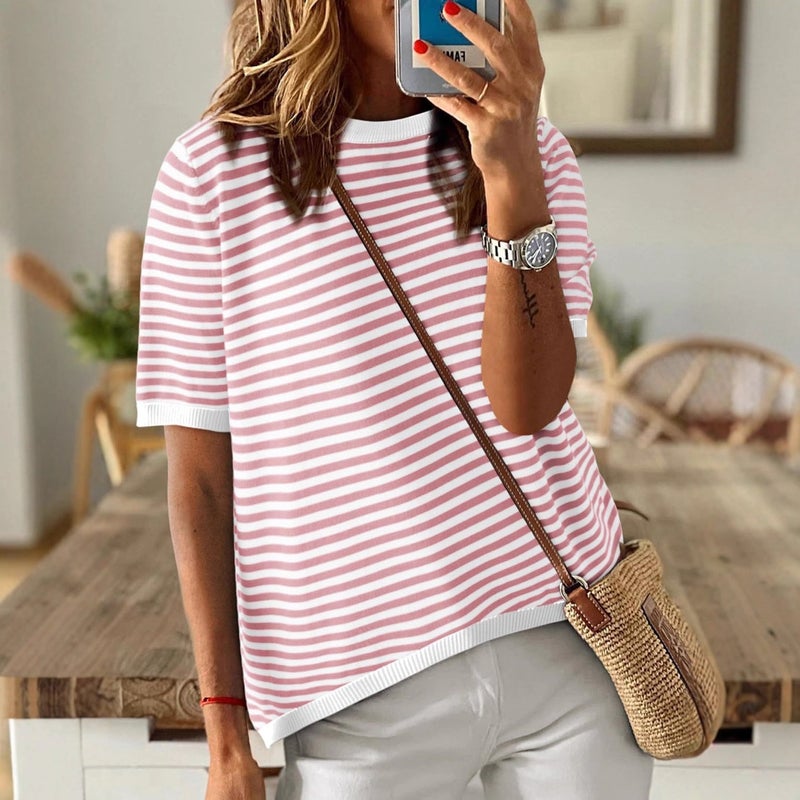 Knit Sweater Striped Contrast Color Drop Shoulder Long Sleeve Top - Image 4