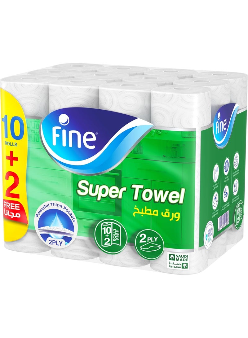 Fine Super Towel 10+2 Rolls Free 2 Ply Kitchen Paper Towels Extra Absorbent Hygienic and Safe with Food SteriPro Sterilized Powerful Thirst Pockets - Image 1