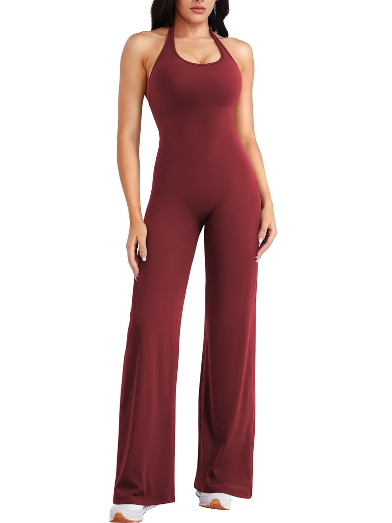 VOYJOY Women Workout Jumpsuit Halter Straight Leggings Jumpsuits Hidden Scrunch One Piece Yoga Gym Adjustable Strap Rompers - Image 1