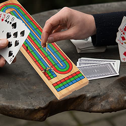 FUNPENY Traditional Wooden Cribbage Board Game Set 3Track Color Coded with Metal Pegs and Deck of Playing Cards - Image 5