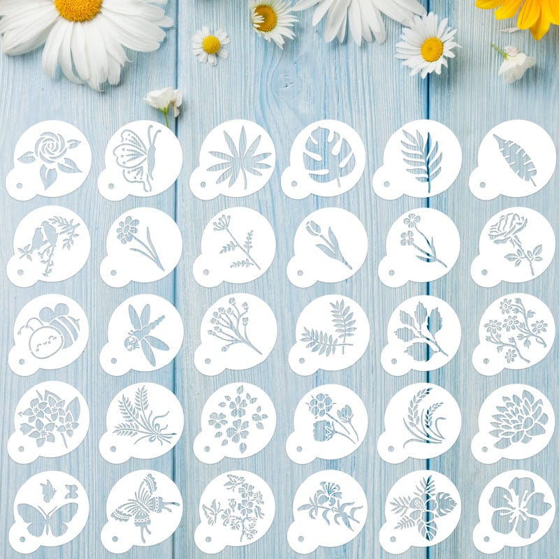 Marspark 30 Pieces Coffee Stencil Cookie Cake Stencils Latte Art Reusable Plastic DIY Bake Stencils Leaves Butterfly Flowers Bird for Coffee Cookie Drawing