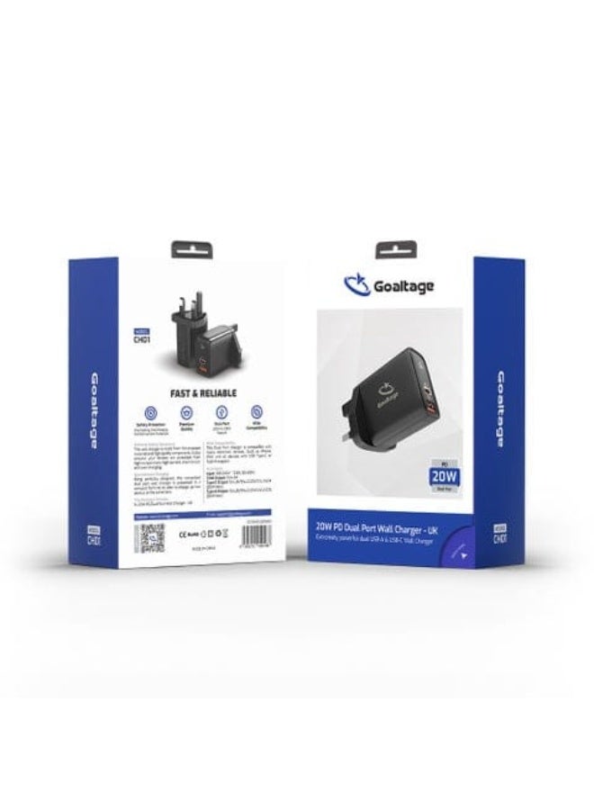 جولتيج شاحن حائط مزدوج المنافذ Goaltage CH01 بقوة 20 واط بتقنية الشحن السريع PD - محول شحن سريع USB-C و USB-A (قابس بريطاني) - Image 3