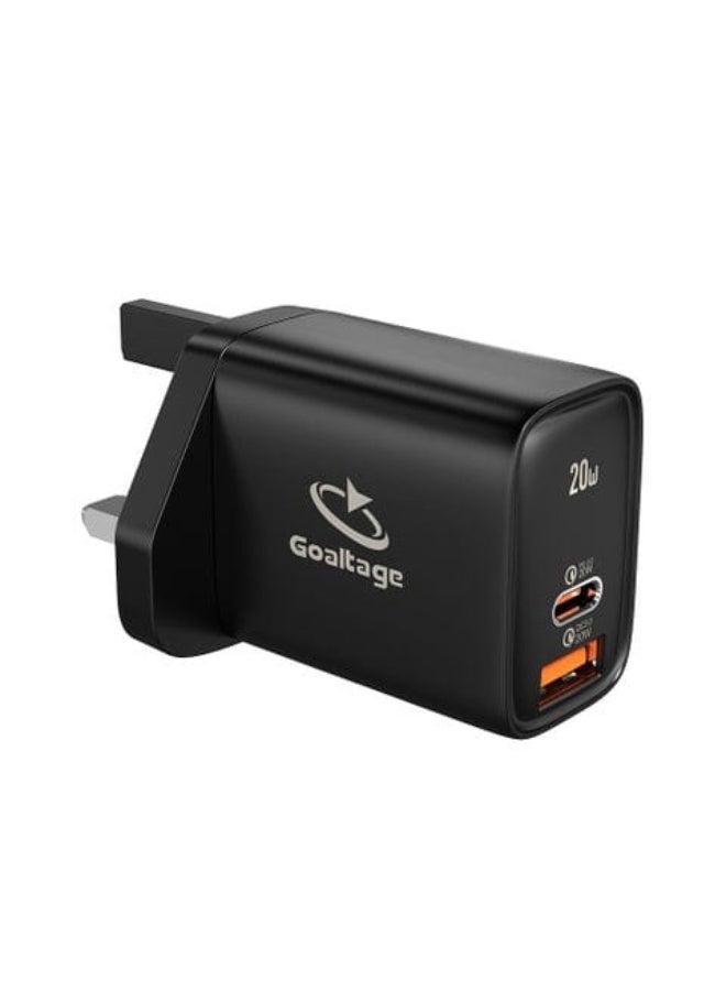جولتيج شاحن حائط مزدوج المنافذ Goaltage CH01 بقوة 20 واط بتقنية الشحن السريع PD - محول شحن سريع USB-C و USB-A (قابس بريطاني) - Image 1