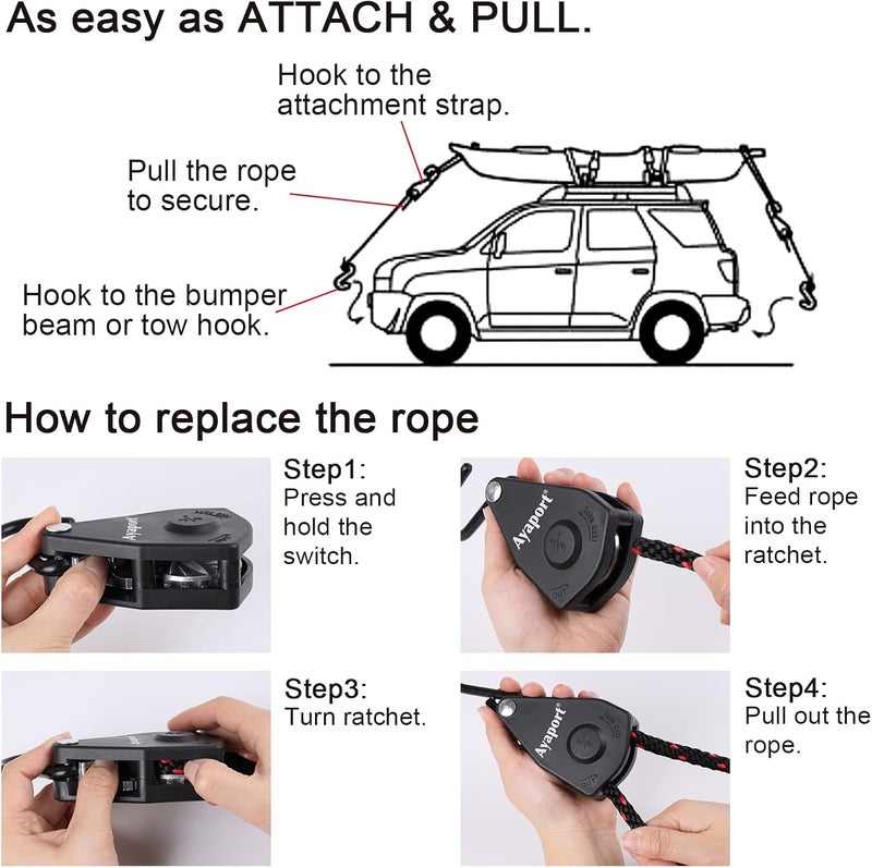 Ayaport Kayak Rope Tie Down Ratchet Straps Bow and Stern Ratcheting Tie Downs Rope Hanger Kayak and Canoe Accessories - Image 4