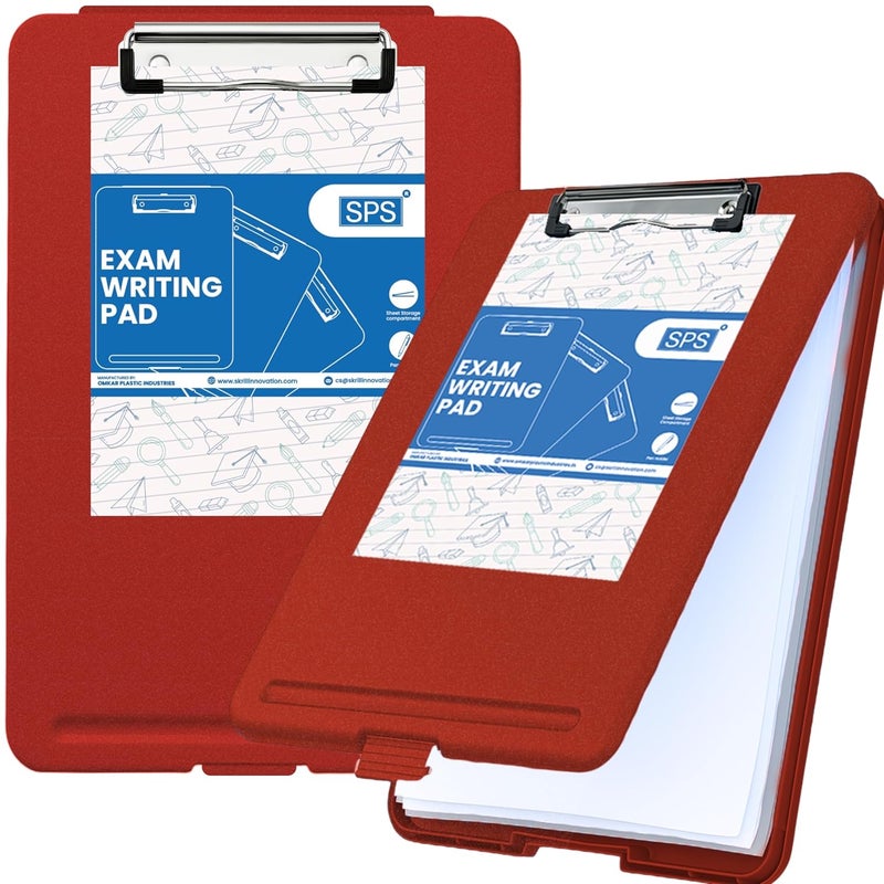 sps Exampad A4 Plastic Clipboard with Built-in Storage and Pen Holder - Ideal for School, Office, Travel - Perfect for Students and Professionals, School and Office - Red - Image 1