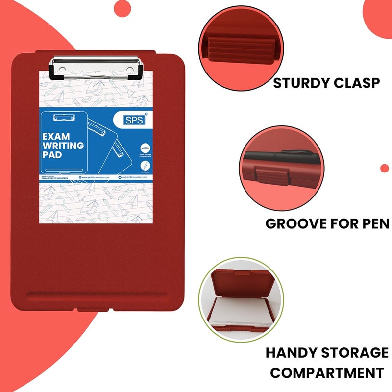 sps Exampad A4 Plastic Clipboard with Built-in Storage and Pen Holder - Ideal for School, Office, Travel - Perfect for Students and Professionals, School and Office - Red - Image 4