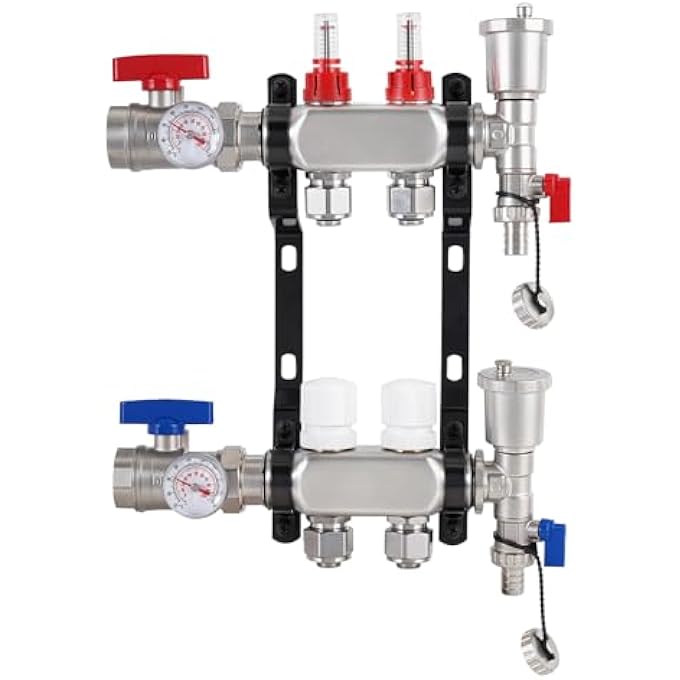 HEATING CIRCUIT DISTRIBUTOR STAINLESS STEEL FOR 2 HEATING CIRCUITS UNDERFLOOR HEATING DISTRIBUTOR WITH FLOW METER AND VENT GROUP FOR UNDERFLOOR HEATING - Image 1
