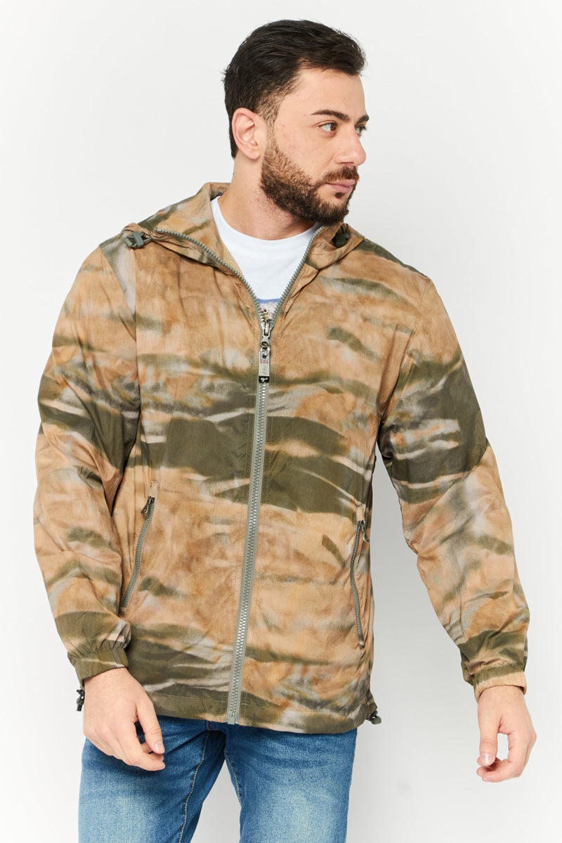 DIESEL جاكيت واقي من الرياح للرجال بغطاء رأس، زيتوني - Image 1