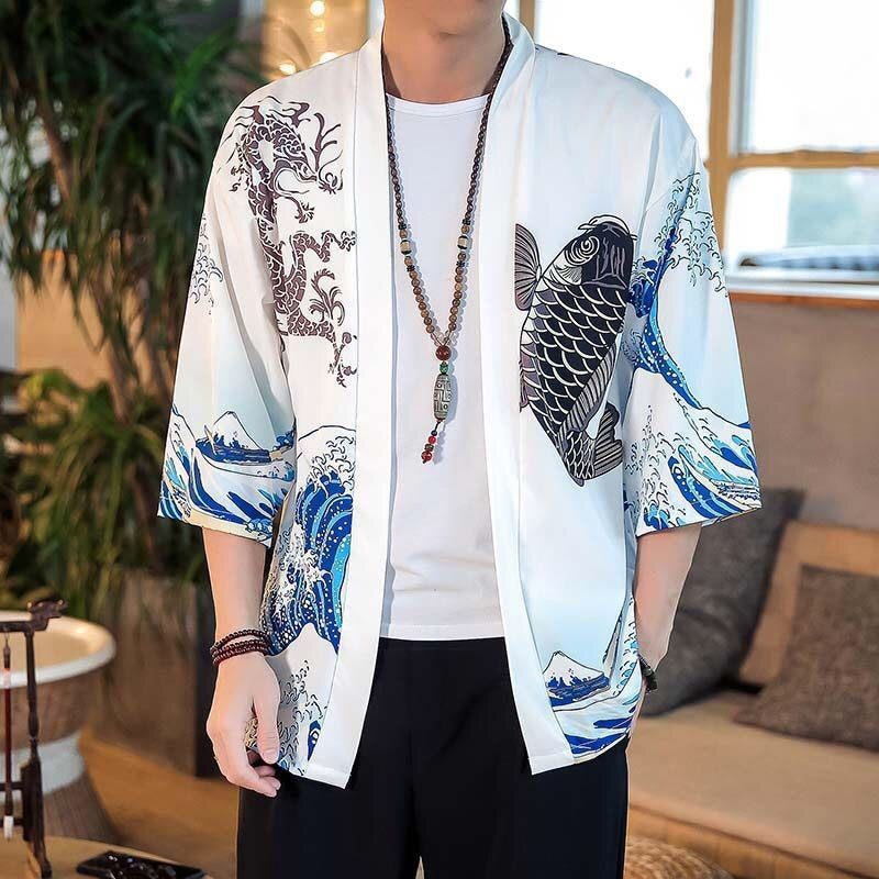 Men'S And Women'S Japanese Ukiyo-E Dao Robe Wave Carp Print Kimono Loose Half-Sleeve Hawaiian Style Shirt - Image 3