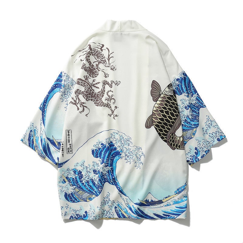 Men'S And Women'S Japanese Ukiyo-E Dao Robe Wave Carp Print Kimono Loose Half-Sleeve Hawaiian Style Shirt - Image 5