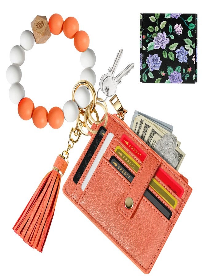 Hicdaw Wristlet Keychain Bracelet Wallet Keyring with Gift Box Silicone Bead Bangle 9 slots Card Holder Key Chains for Women Gift Box, Orange - Image 1