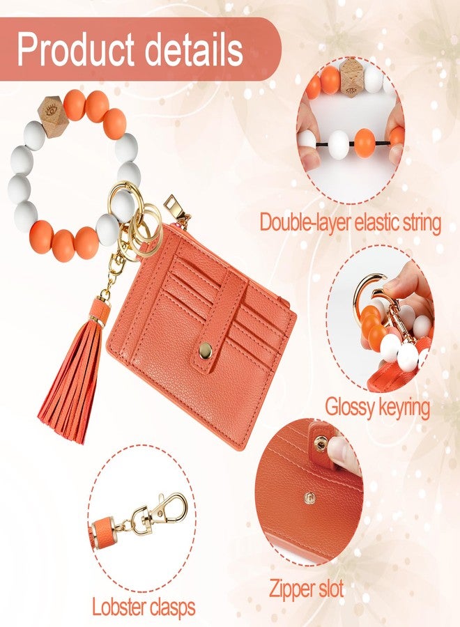 Hicdaw Wristlet Keychain Bracelet Wallet Keyring with Gift Box Silicone Bead Bangle 9 slots Card Holder Key Chains for Women Gift Box, Orange - Image 3