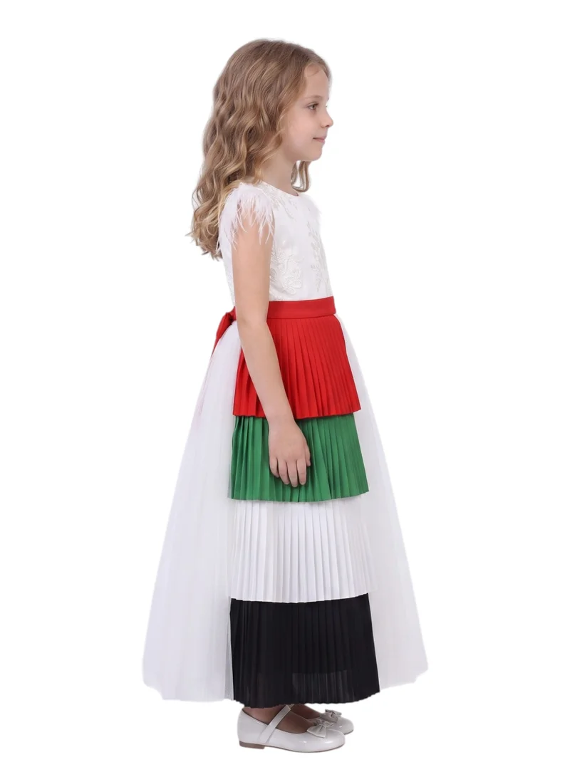 دىدانيالا 2-in-1 Girls UAE National Day Lace & Feather Dress with Detachable Flag Overskirt