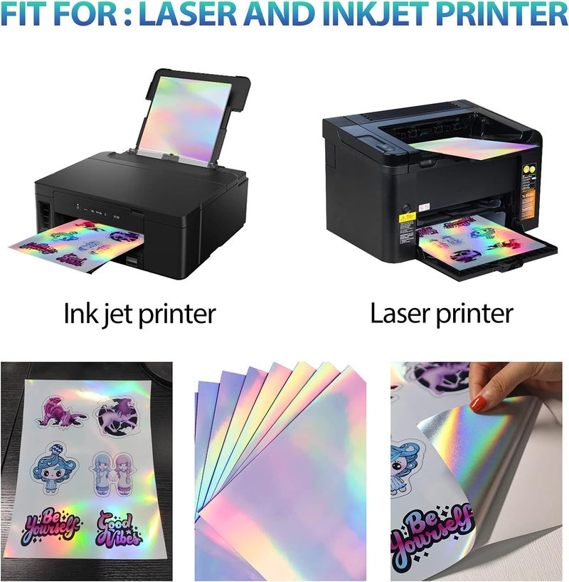 Solid anti-deform 50 Sheets Holographic Sticker Paper, Printable Vinyl Sticker Paper for Ink Jet Printer ＆ Laser Printer - 8.5 x 11 inches, Self- Adhesive Waterproof Dries Quickly - Rainbow | Printable Vinyl Sticker Paper Self- Adhesive Waterproof Dries Quickly - Rainbow Flexible anti-break - Image 3