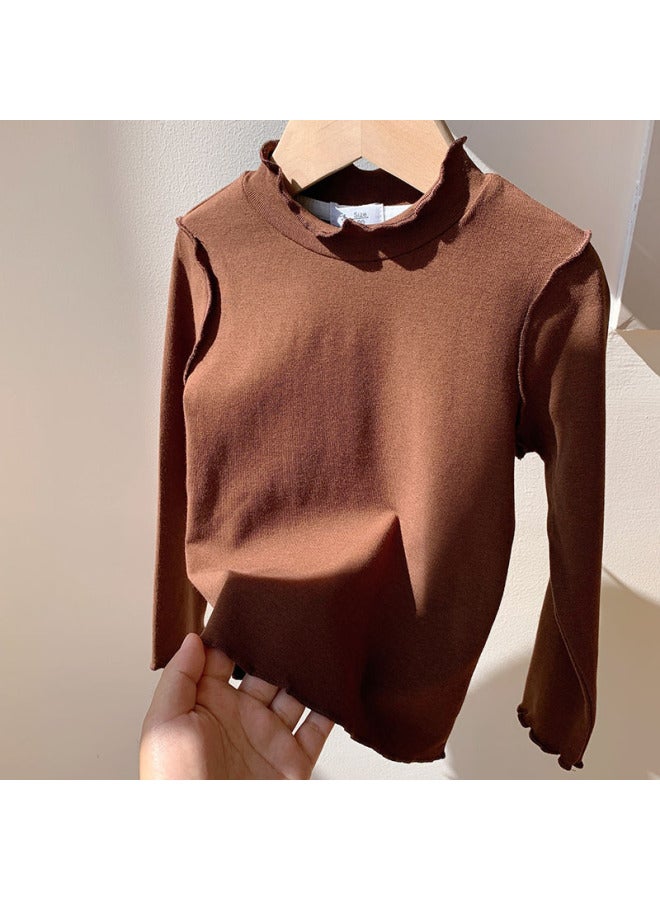 Korean-style Solid Color Ruffled Bottoming Shirt For Baby Girls, Fashionable Versatile Long-sleeve T-shirt With Sweet Half-high Collar Inner Wear