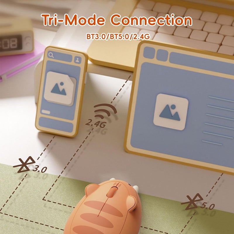 أكو فأرة ألعاب لاسلكية من بموضوع القطط، 2.4G جيجاهرتز مع مستقبل USB، فأرة بصرية كرتونية لاسلكية لطيفة للكمبيوتر/الابتوب/سطح المكتب/الكمبيوتر الشخصي/آيباد، متوافقة مع Mac/Win (برتقالي كيت) - Image 2