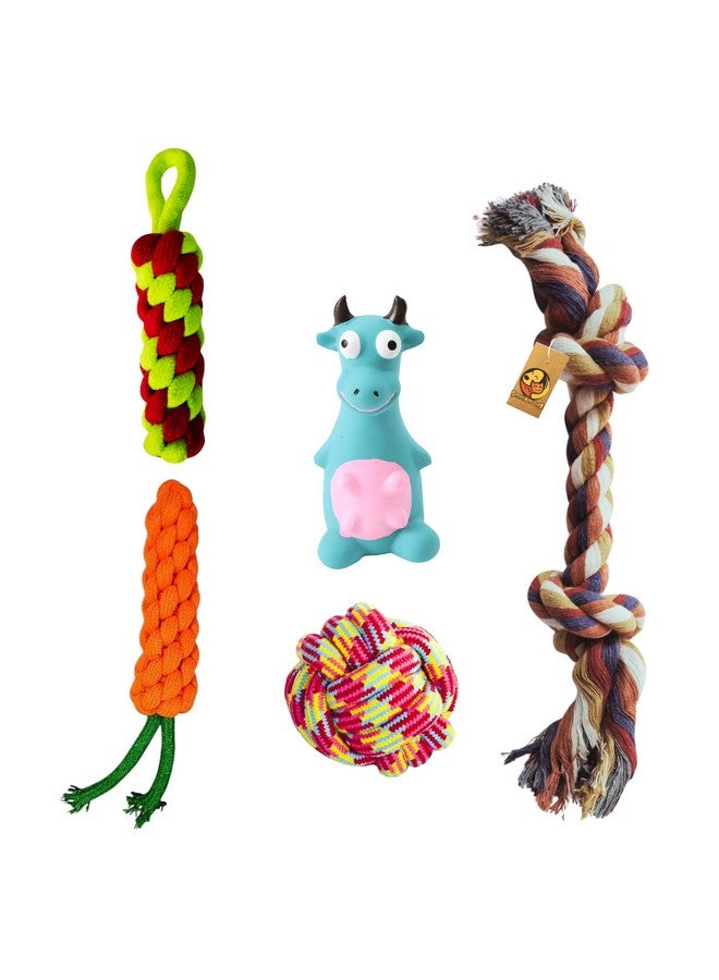 مجموعة ألعاب الكلاب المكونة من حبل صرير ومضغ 5 في 1 - (حبل مكون من عقدتين + كرة قطنية + جزرة + عصا ذرة + ثور أزرق) | لعبة مضغ ولعب وتسنين للكلاب الصغيرة والجراء - Image 1