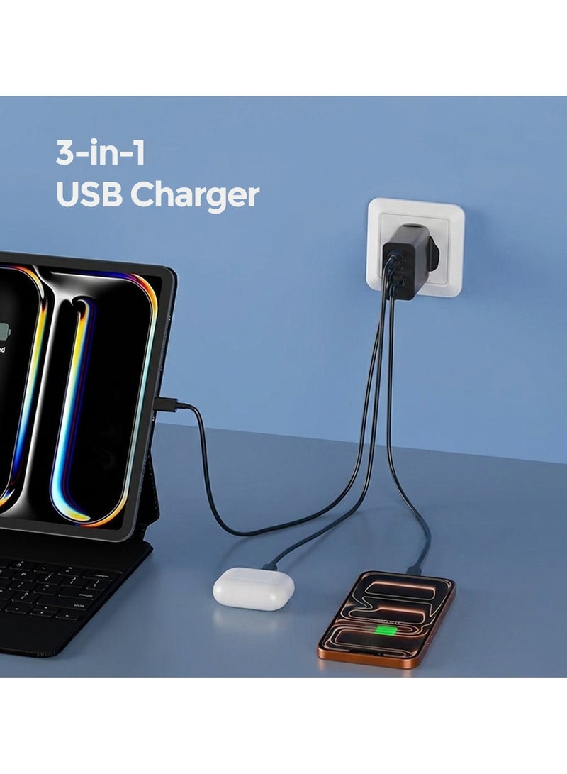O Ozone 65W Trio Fast Charger Adapter Compatible for Samsung Galaxy S25 Ultra, S24 Ultra, S23 Ultra, S22, Z Fold 6/5, A06 LTE, A55 LTE – Dual Type-C & USB-A Ports - Black - Image 2