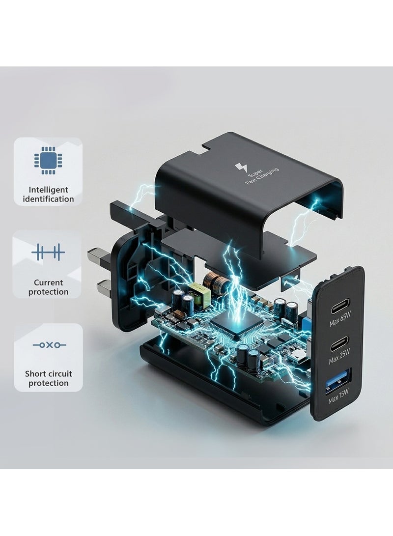 O Ozone 65W Trio Fast Charger Adapter Compatible for Samsung Galaxy S25 Ultra, S24 Ultra, S23 Ultra, S22, Z Fold 6/5, A06 LTE, A55 LTE – Dual Type-C & USB-A Ports - Black - Image 5