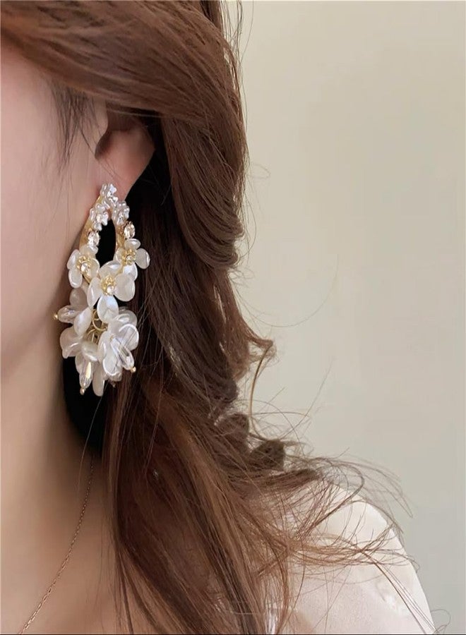 Dtja Acrylic Flower Teardrop Dangle Earrings for Women Girls Gold-Tone Cubic Zirconia Artificial Pearl White Magnolia Blossom Flowers Cluster Statement Drop Dangling Stud Earrings Hypoallergenic Birthday Wedding Jewelry Gifts - Image 3