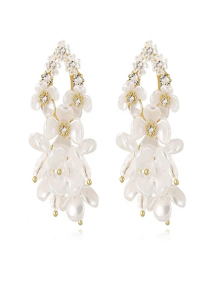 Dtja Acrylic Flower Teardrop Dangle Earrings for Women Girls Gold-Tone Cubic Zirconia Artificial Pearl White Magnolia Blossom Flowers Cluster Statement Drop Dangling Stud Earrings Hypoallergenic Birthday Wedding Jewelry Gifts - Image 1