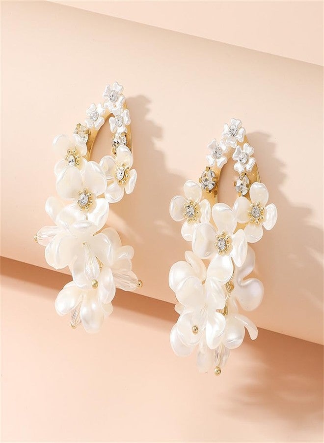Dtja Acrylic Flower Teardrop Dangle Earrings for Women Girls Gold-Tone Cubic Zirconia Artificial Pearl White Magnolia Blossom Flowers Cluster Statement Drop Dangling Stud Earrings Hypoallergenic Birthday Wedding Jewelry Gifts - Image 4