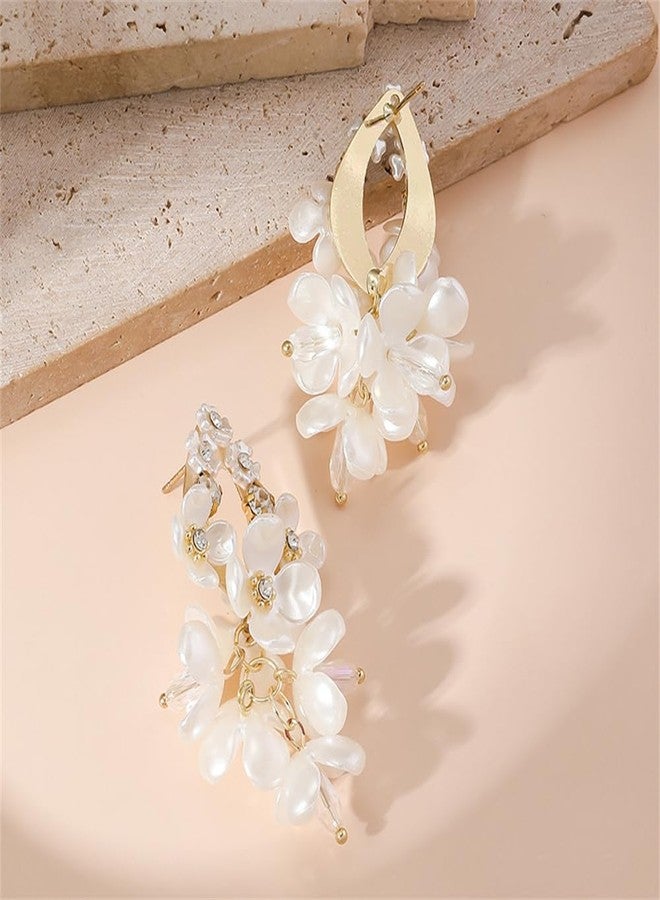 Dtja Acrylic Flower Teardrop Dangle Earrings for Women Girls Gold-Tone Cubic Zirconia Artificial Pearl White Magnolia Blossom Flowers Cluster Statement Drop Dangling Stud Earrings Hypoallergenic Birthday Wedding Jewelry Gifts - Image 5