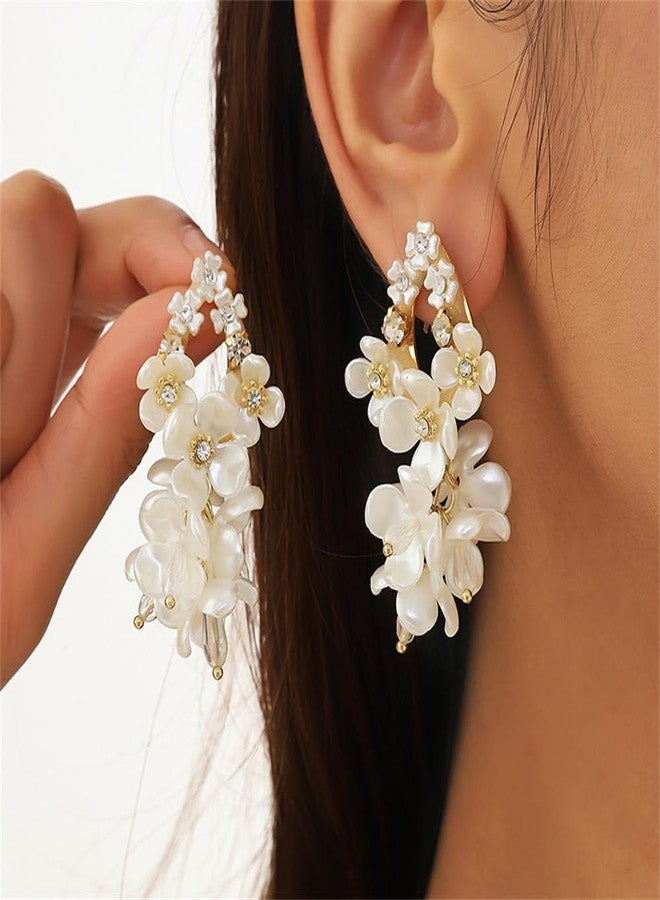 Dtja Acrylic Flower Teardrop Dangle Earrings for Women Girls Gold-Tone Cubic Zirconia Artificial Pearl White Magnolia Blossom Flowers Cluster Statement Drop Dangling Stud Earrings Hypoallergenic Birthday Wedding Jewelry Gifts - Image 2