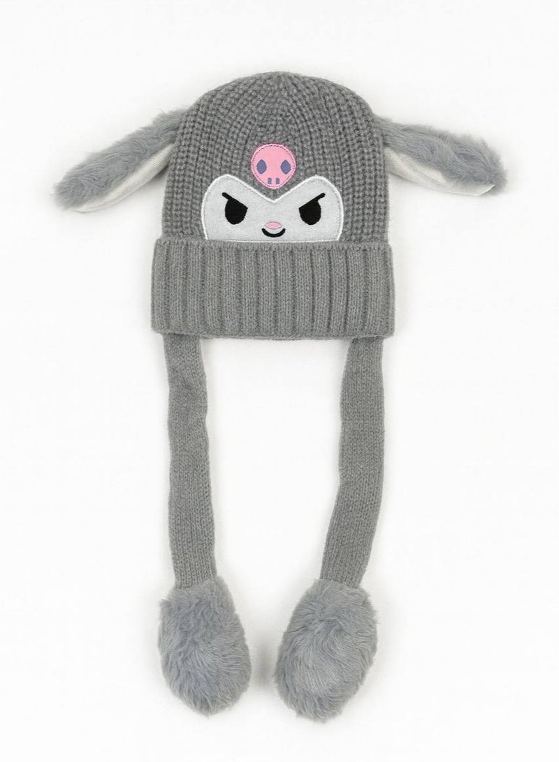 zoba Cute cartoon design winter hat for kids - soft wool hat with a push mechanism to move the ears - interactive and fun for children - warm and lightweight with push balls at the ends - suitable for girls and boys (grey) - Image 1