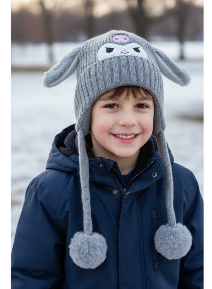 zoba Cute cartoon design winter hat for kids - soft wool hat with a push mechanism to move the ears - interactive and fun for children - warm and lightweight with push balls at the ends - suitable for girls and boys (grey) - Image 3