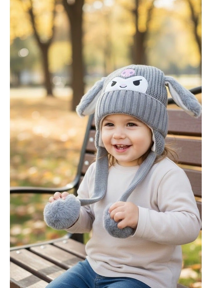 zoba Cute cartoon design winter hat for kids - soft wool hat with a push mechanism to move the ears - interactive and fun for children - warm and lightweight with push balls at the ends - suitable for girls and boys (grey) - Image 5