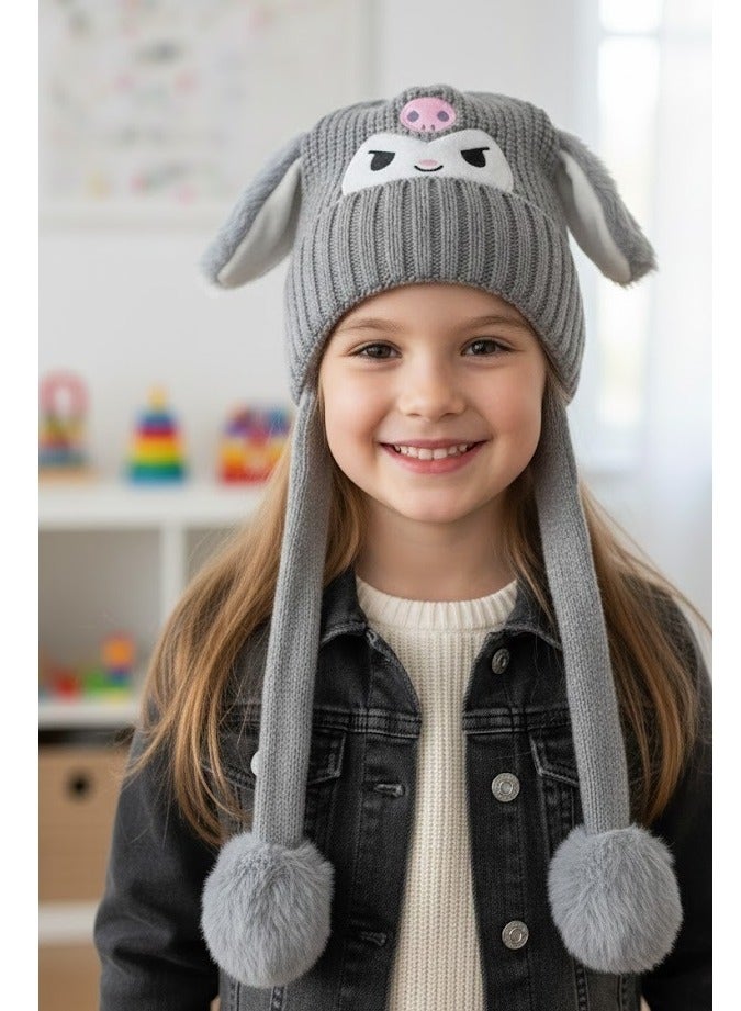 zoba Cute cartoon design winter hat for kids - soft wool hat with a push mechanism to move the ears - interactive and fun for children - warm and lightweight with push balls at the ends - suitable for girls and boys (grey) - Image 2