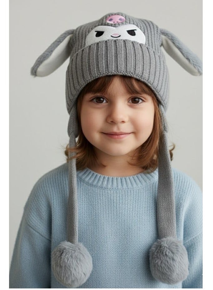 zoba Cute cartoon design winter hat for kids - soft wool hat with a push mechanism to move the ears - interactive and fun for children - warm and lightweight with push balls at the ends - suitable for girls and boys (grey) - Image 4