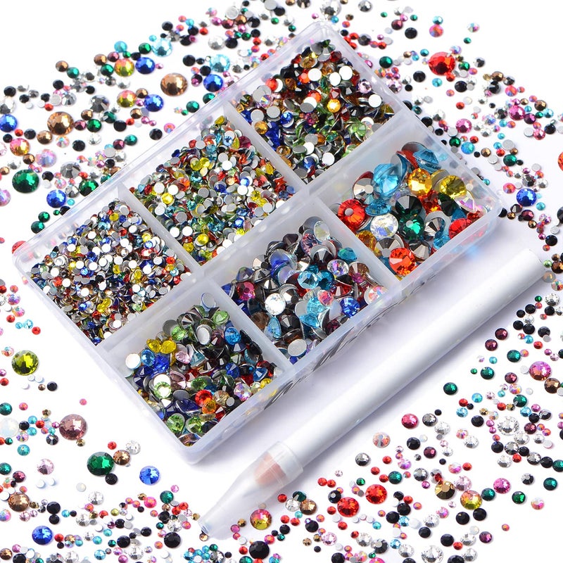 AD Beads 4300 Pieces Flat Back Nail Art Rhinestones Round Beads 6 Sizes (2-6.5mm) with Storage Organizer Box,Rhinestones Picking Pen for Nail Art Phone Decorations Crafts DIY (Mixed Color)