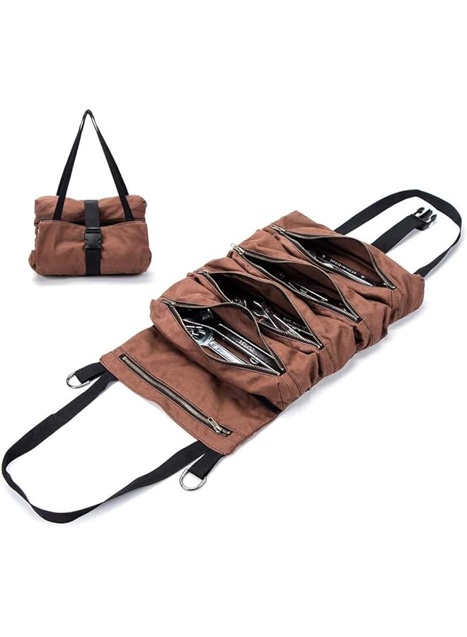 PROMASS Tool Storage Organizer Bag Roll, Big Tool Roll Up Bag, Waxed Canvas Tool Organizer Bucket, Tool Roll Up Pouch, Handy Small Tools Tote Carrier,Tool Pouch Sling, Car Back Seat Organizer (Brown)  - Image 1