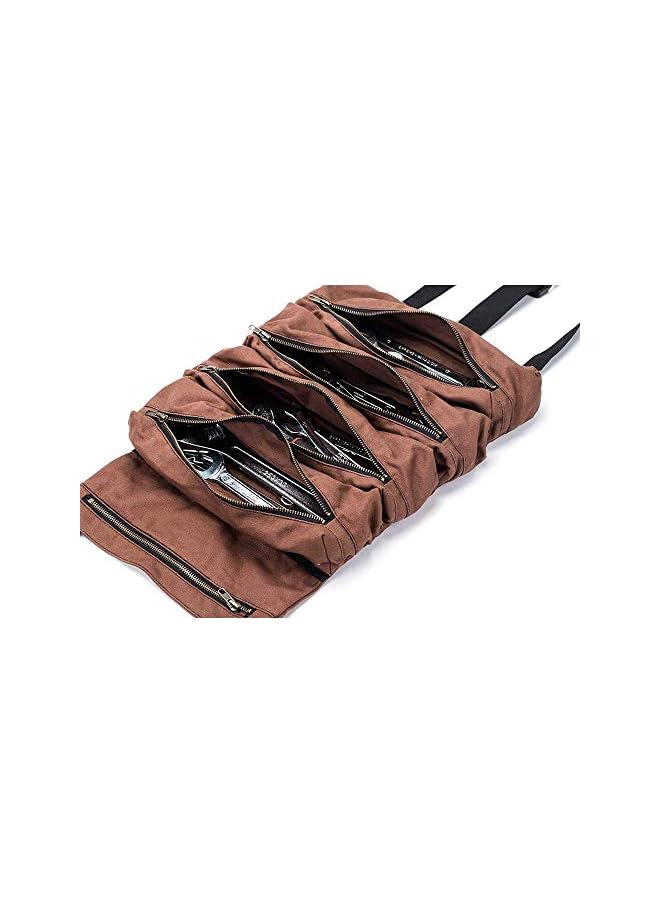 PROMASS Tool Storage Organizer Bag Roll, Big Tool Roll Up Bag, Waxed Canvas Tool Organizer Bucket, Tool Roll Up Pouch, Handy Small Tools Tote Carrier,Tool Pouch Sling, Car Back Seat Organizer (Brown)  - Image 3