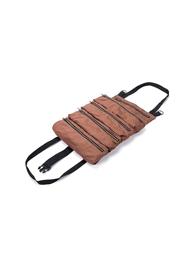 PROMASS Tool Storage Organizer Bag Roll, Big Tool Roll Up Bag, Waxed Canvas Tool Organizer Bucket, Tool Roll Up Pouch, Handy Small Tools Tote Carrier,Tool Pouch Sling, Car Back Seat Organizer (Brown)  - Image 2