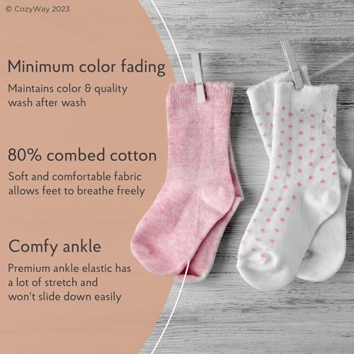 CozyWay Toddler Socks with Grips - Non-Slip Gripper Bottom & Soft Stretch Cotton - Socks for Toddler Boys & Girls - 1T-3T, Pink/Gray Multicolor Crew, 12-Pack - Image 2