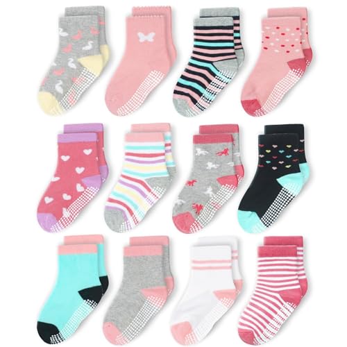 CozyWay Toddler Socks with Grips - Non-Slip Gripper Bottom & Soft Stretch Cotton - Socks for Toddler Boys & Girls - 1T-3T, Pink/Gray Multicolor Crew, 12-Pack - Image 1