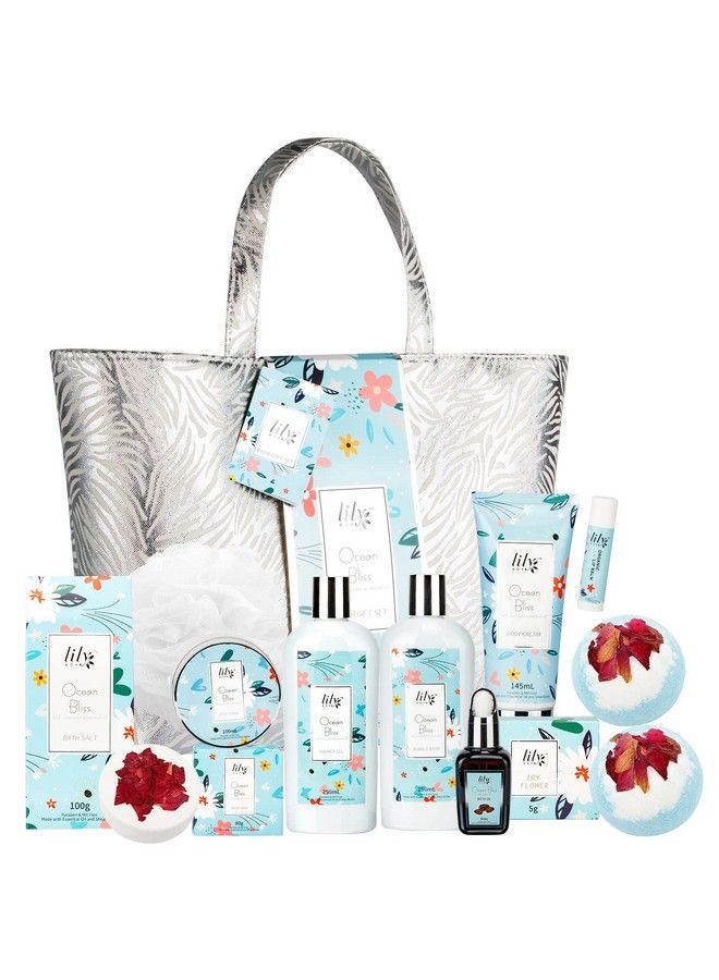 LILY ROY Spa Gifts For Women Ocean Bliss Gift Basket For Women Birthday Gifts For Women 14Pcs With Shower Gel Shower Steamer Bath Bomb Rose Petal Bubble Bath Silver Luxury Bag Gifts For Her… - Image 1