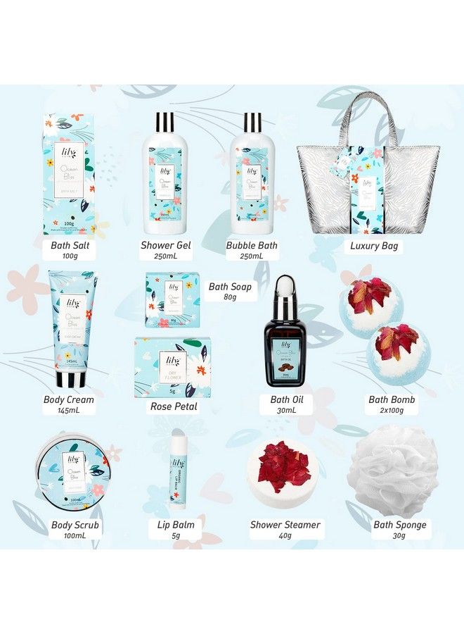 LILY ROY Spa Gifts For Women Ocean Bliss Gift Basket For Women Birthday Gifts For Women 14Pcs With Shower Gel Shower Steamer Bath Bomb Rose Petal Bubble Bath Silver Luxury Bag Gifts For Her… - Image 4
