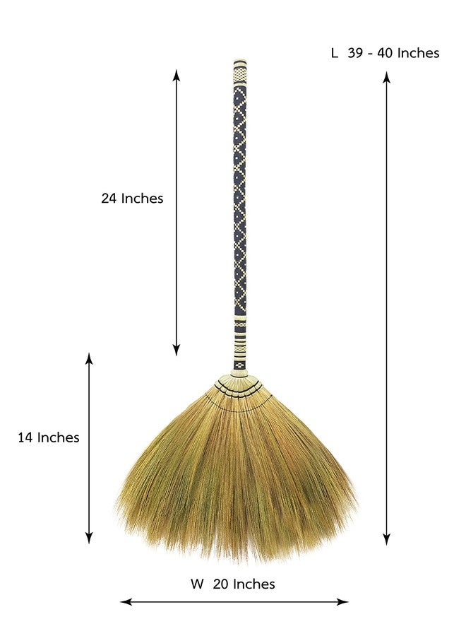AW BROOMS مكنسة من العشب الطبيعي للاستخدام الداخلي والخارجي، مكنسة نايلون منسوجة مطرزة بتصميم عتيق، مكنسة مصنوعة يدوياً، هدية مثالية لمنزل جديد، مقبض من عصا الخيزران (أسود) - Image 2