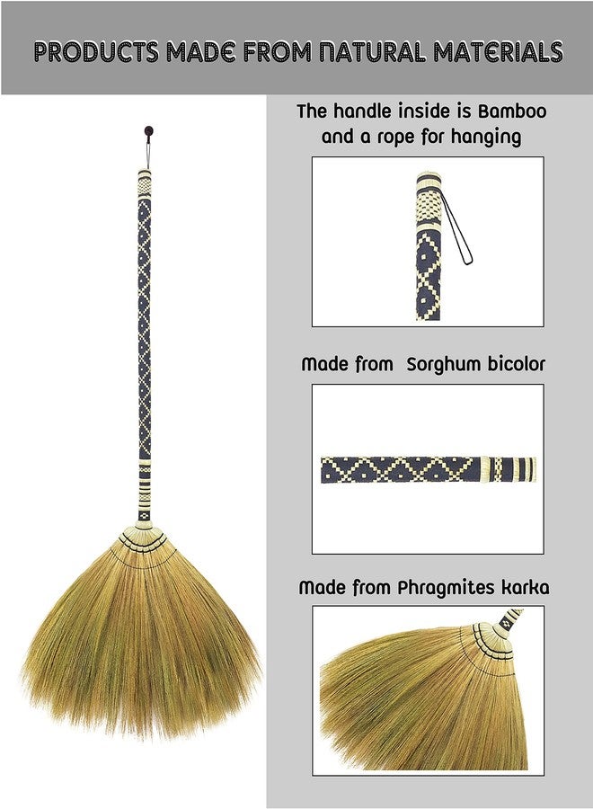 AW BROOMS مكنسة من العشب الطبيعي للاستخدام الداخلي والخارجي، مكنسة نايلون منسوجة مطرزة بتصميم عتيق، مكنسة مصنوعة يدوياً، هدية مثالية لمنزل جديد، مقبض من عصا الخيزران (أسود) - Image 3