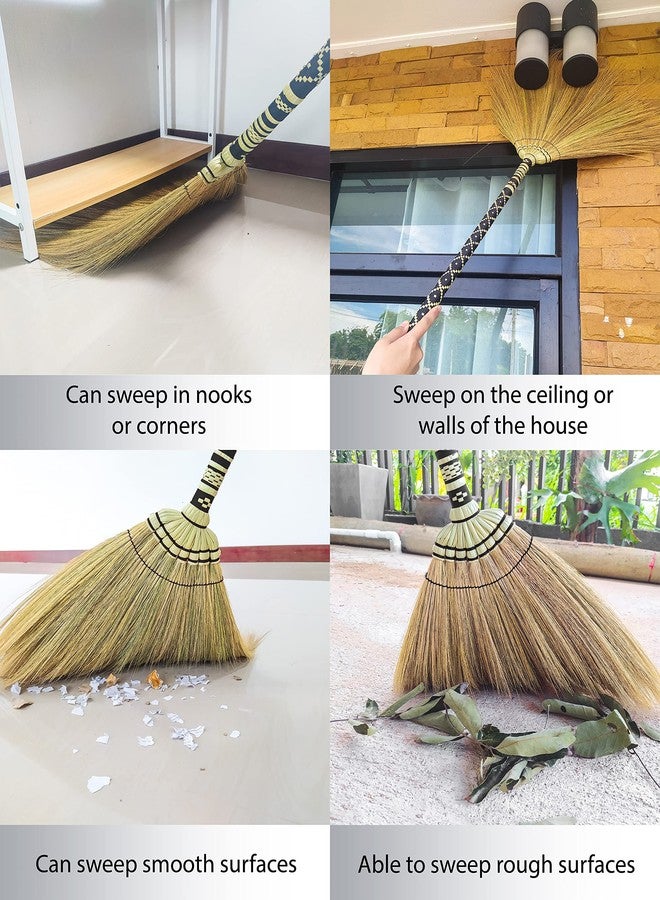AW BROOMS مكنسة من العشب الطبيعي للاستخدام الداخلي والخارجي، مكنسة نايلون منسوجة مطرزة بتصميم عتيق، مكنسة مصنوعة يدوياً، هدية مثالية لمنزل جديد، مقبض من عصا الخيزران (أسود) - Image 4