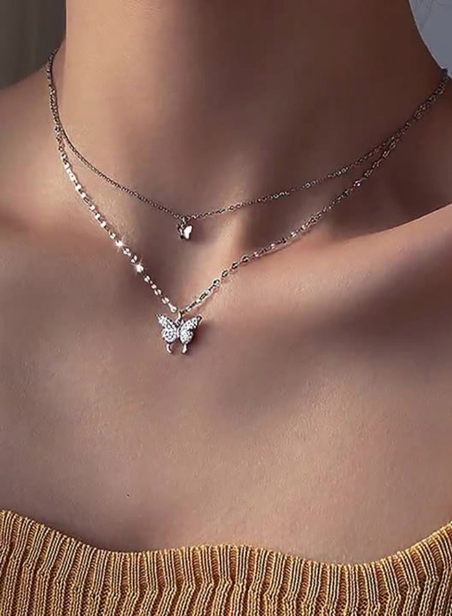 تايك تو عقد فراشة مرصع بالكريستال بطبقات - Image 1