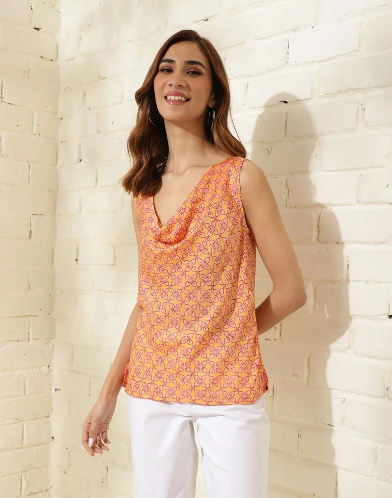 فاب انديا Yellow Viscose Blend Hand Block Printed Top