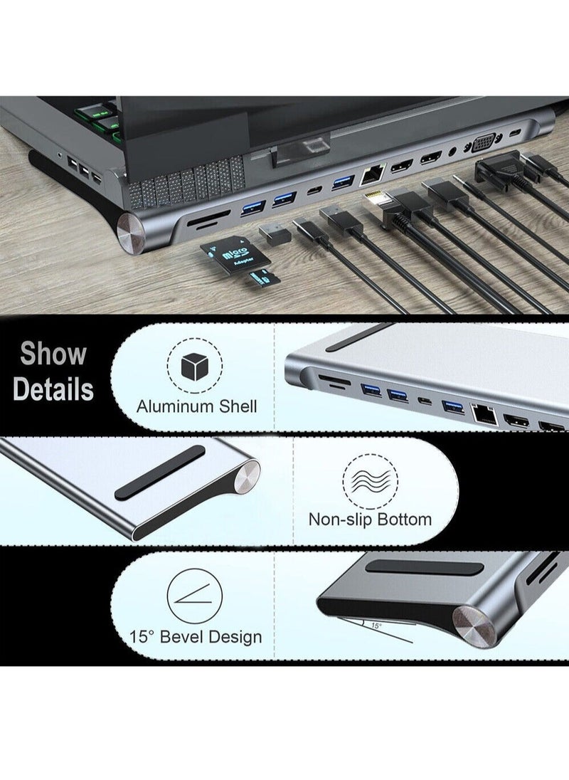 Generic - USB C HUB,USB Type C 12-in-1 Dock, Docking Station USB C, Aluminium C Hub With RJ45 Ethernet, HDMI, VGA, Audio Mic Port, SD/TF Card Reader - Image 1