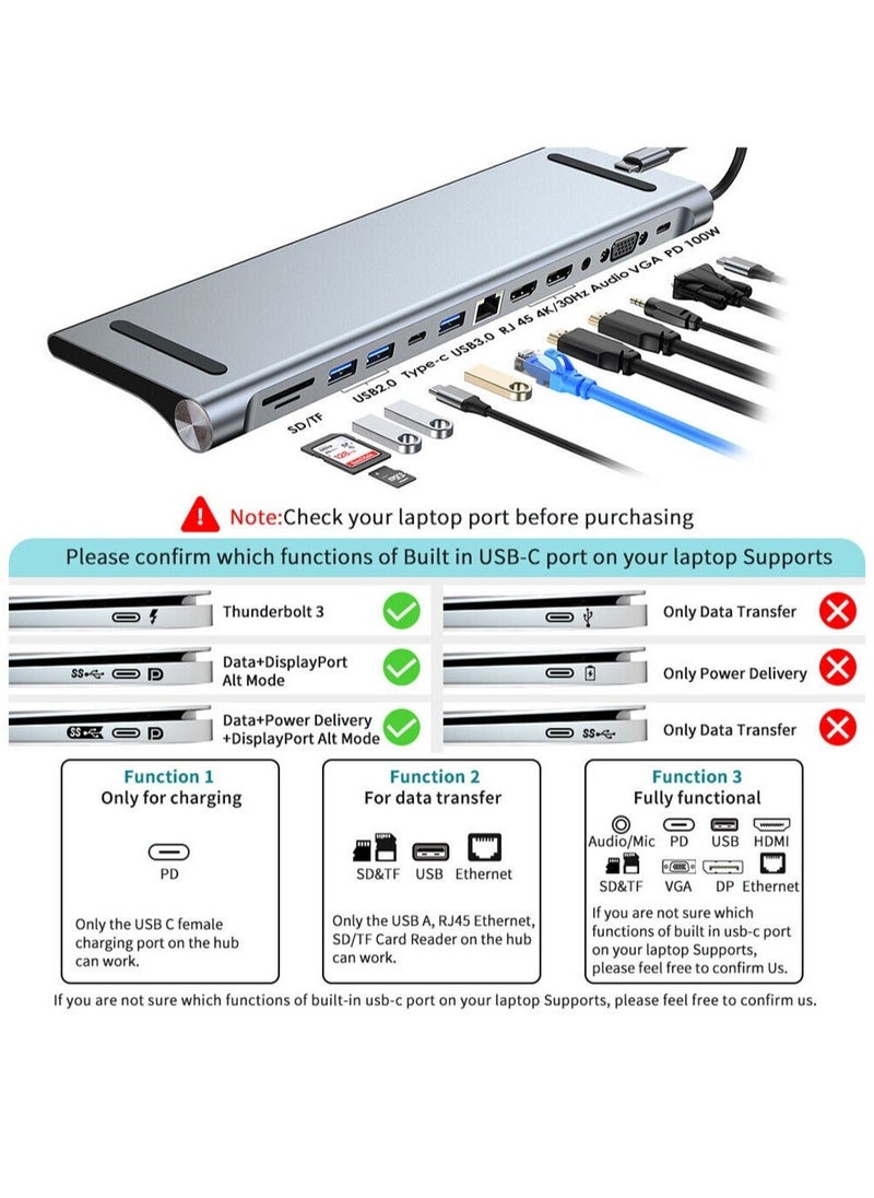 Generic - USB C HUB,USB Type C 12-in-1 Dock, Docking Station USB C, Aluminium C Hub With RJ45 Ethernet, HDMI, VGA, Audio Mic Port, SD/TF Card Reader - Image 1