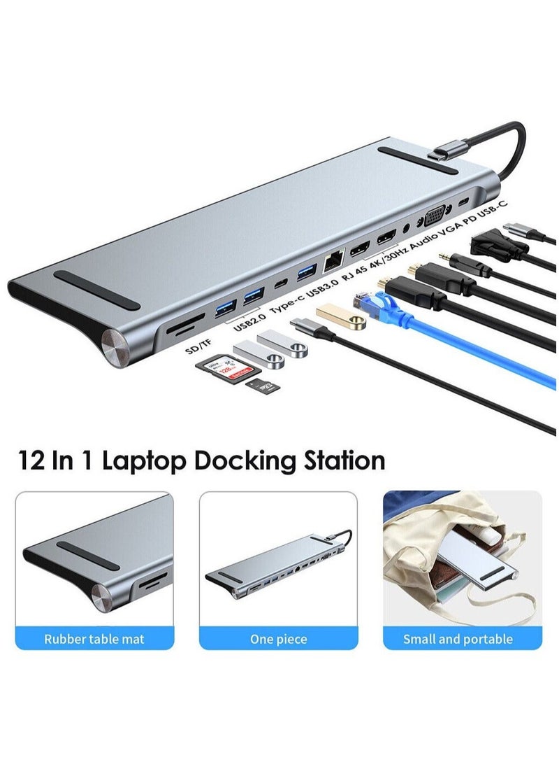 Generic - USB C HUB,USB Type C 12-in-1 Dock, Docking Station USB C, Aluminium C Hub With RJ45 Ethernet, HDMI, VGA, Audio Mic Port, SD/TF Card Reader - Image 1