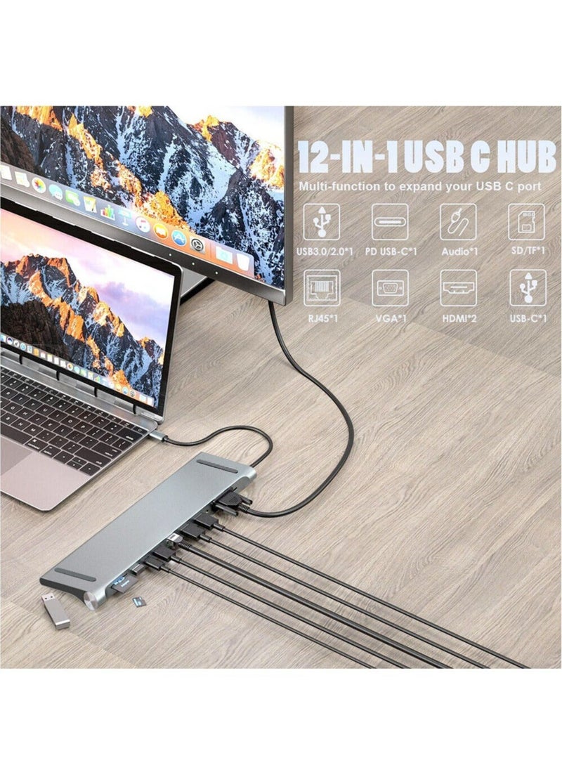 Generic - USB C HUB,USB Type C 12-in-1 Dock, Docking Station USB C, Aluminium C Hub With RJ45 Ethernet, HDMI, VGA, Audio Mic Port, SD/TF Card Reader - Image 1